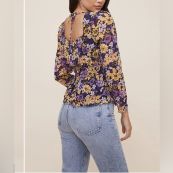 ASTR the Label Floral Flowers Elastic Cinch Waist Top Square Neck Boho Peasant M - Picture 2 of 10